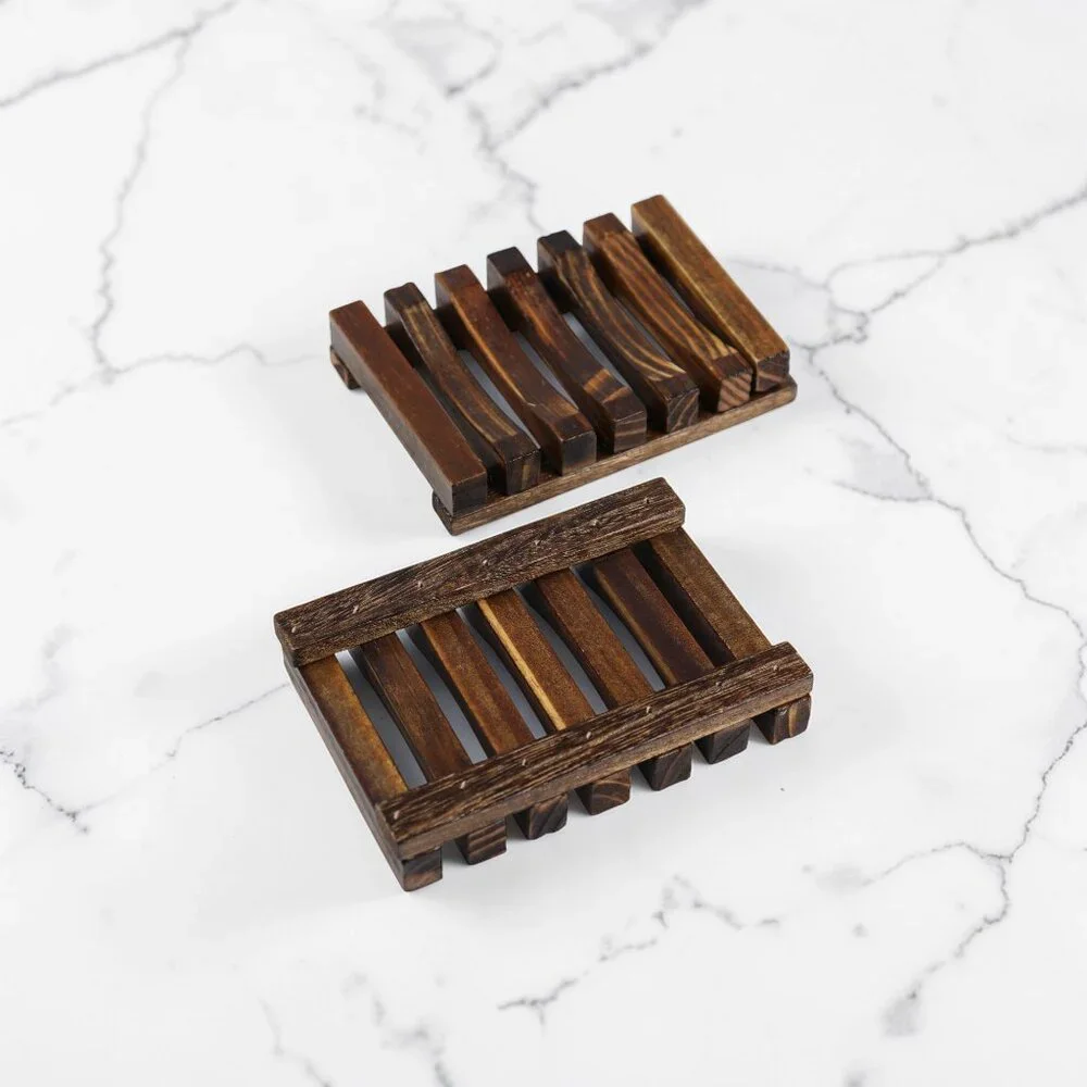 Set of 2 Natural Wood Soap Holder Storage